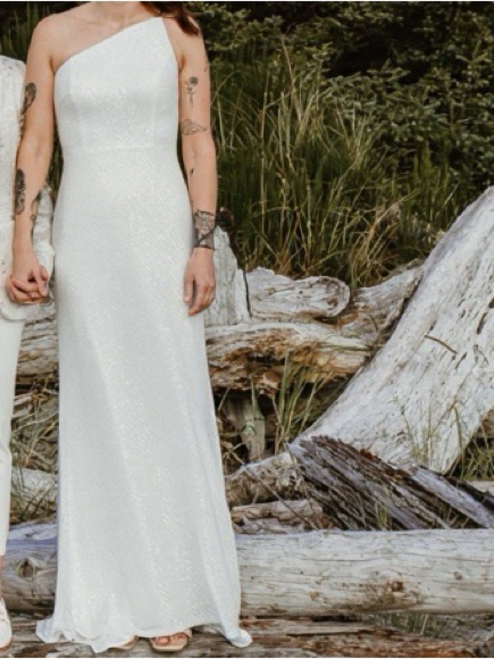 Jenny Yoo One-Shoulder White Sequin Wedding Gown